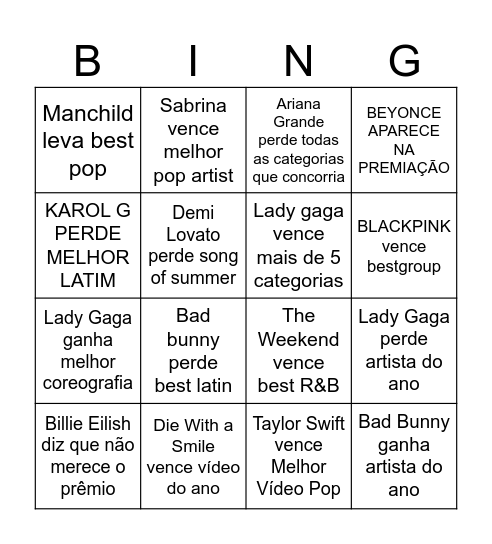 VMA 2025 Bingo Card