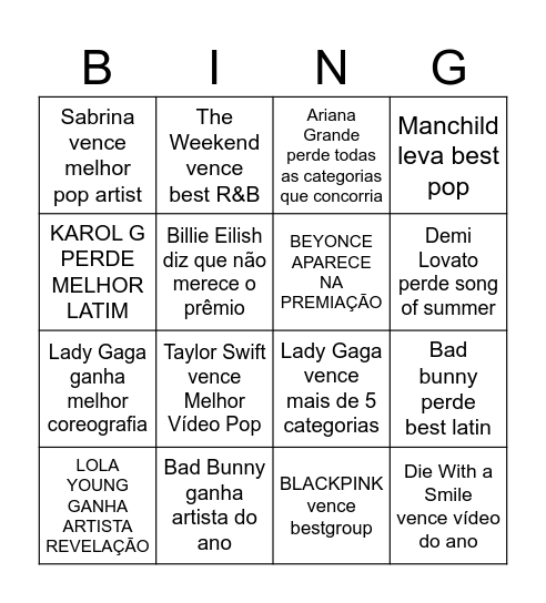 VMA 2025 Bingo Card