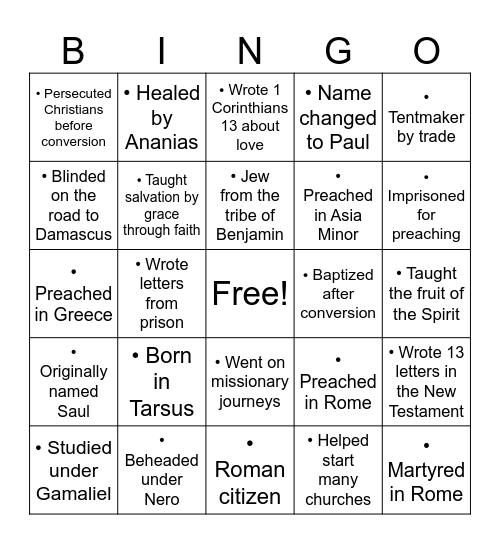 Apostle Paul Bingo Card