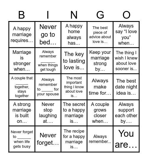MARRIAGE ADVICE BINGO Card