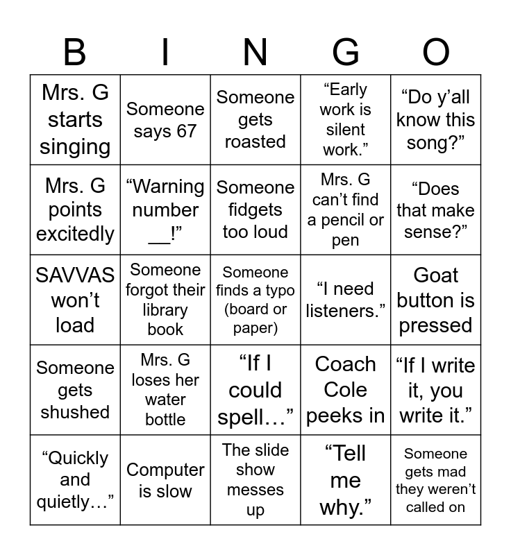 Mrs. Green’s Class Bingo Card