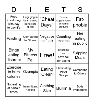 Diet Culture & Disordered Eating Bingo Card
