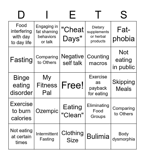 Diet Culture & Disordered Eating Bingo Card