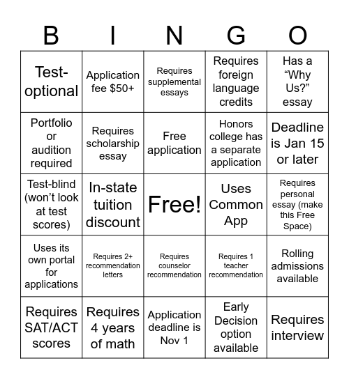 College Research Bingo Card