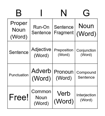 Grammar Vocabulary Bingo Card