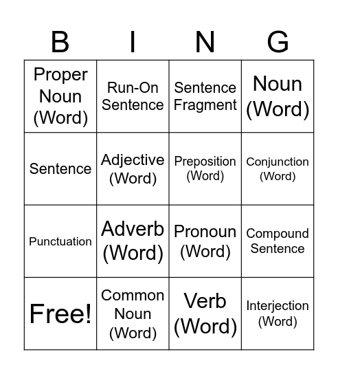 Grammar Vocabulary Bingo Card