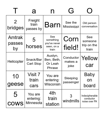 TrainGO Bingo Card
