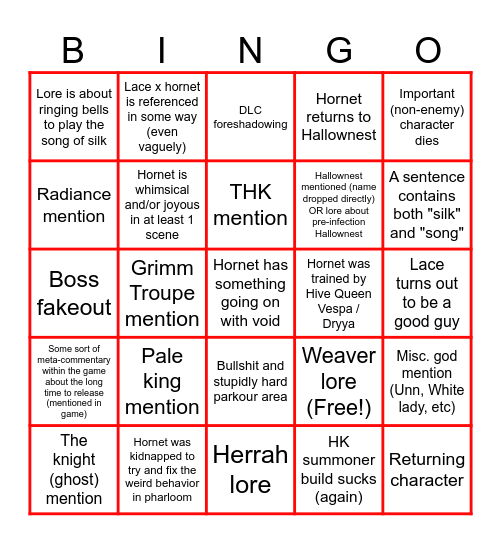 Koma's Silksong bingo Card