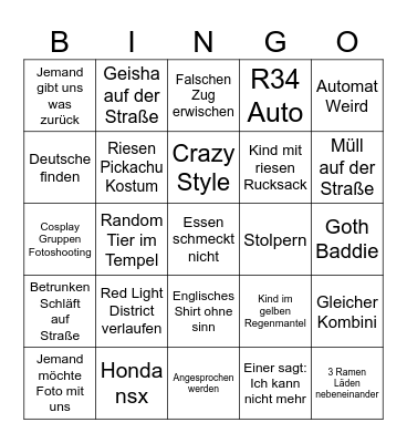 Japan Trip Bingo Card