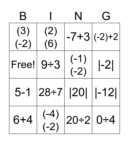 Integer Bingo! Bingo Card