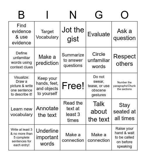 Comprehensive Quiz Bingo Card