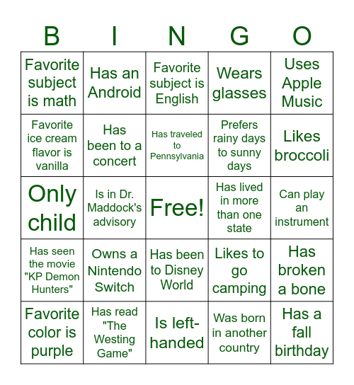 Classmate Bingo Card