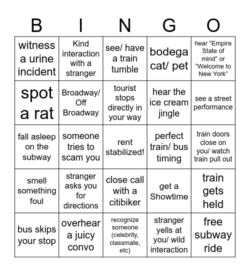 nyc Bingo Card