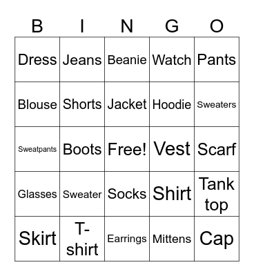 Clothes Bingo Card