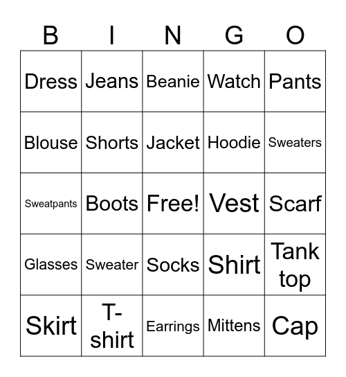 Clothes Bingo Card