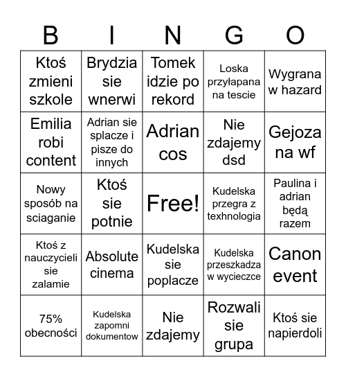 Szkola Bingo Card