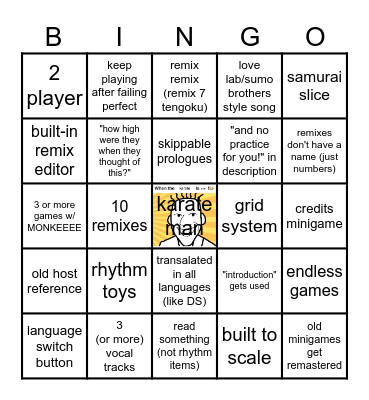 Rhythm Heaven Groove Bingo Card