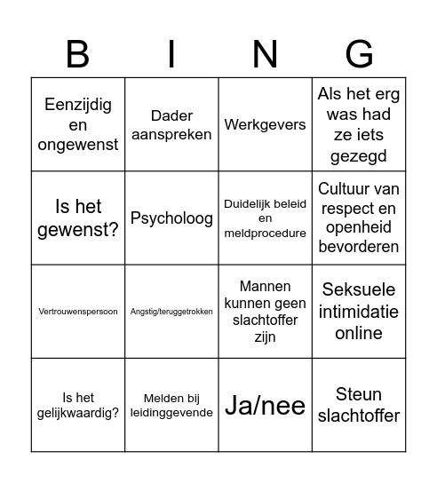Seksuele intimidatie Bingo Card