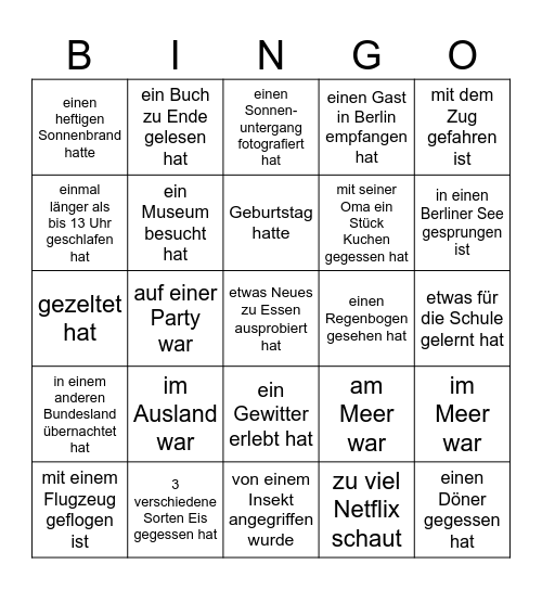 Finde jemanden der/die... Bingo Card