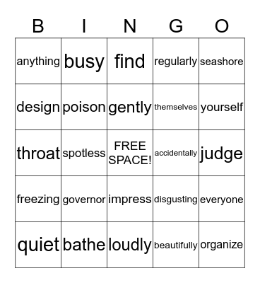 Parts of Speech Bingo Card