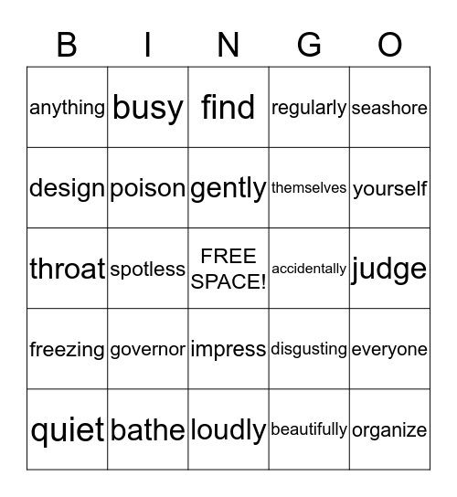 Parts of Speech Bingo Card