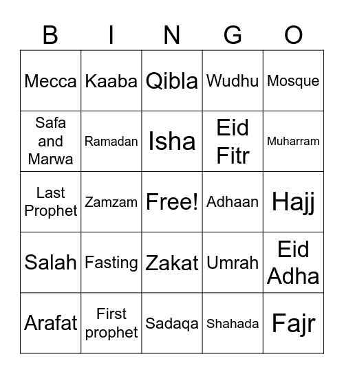Islamic Bingo Card