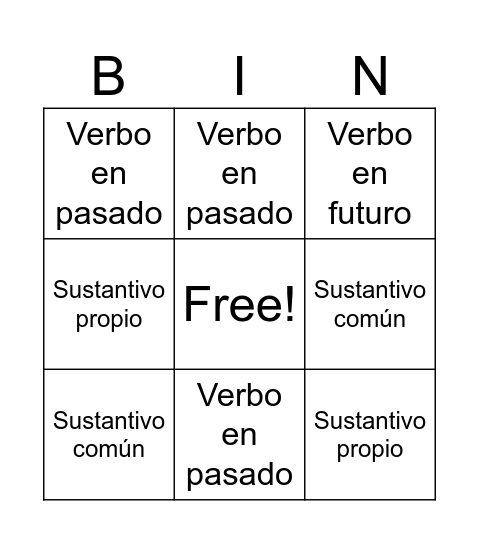 Bingo gramatical Bingo Card