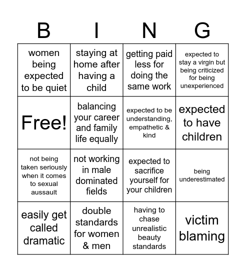 Social Pressures on Women Today Bingo Card