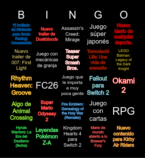 Nintendo Direct Bingo Card