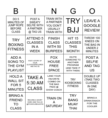 Fox House Bingo Card