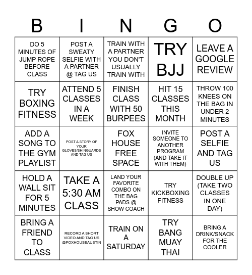 Fox House Bingo Card
