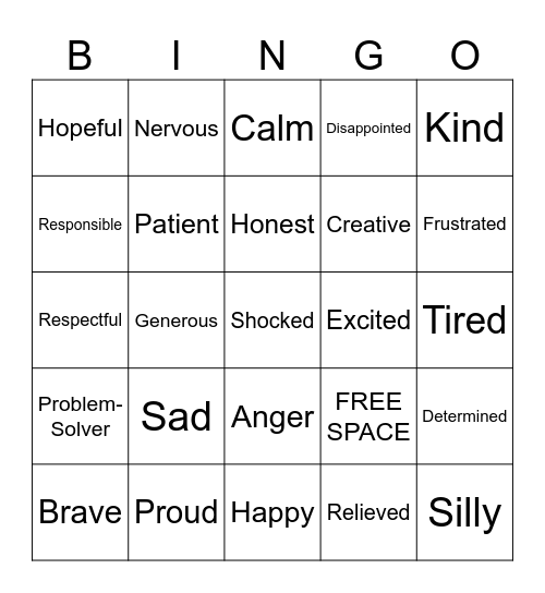 Strengths and Emotions Bingo Card