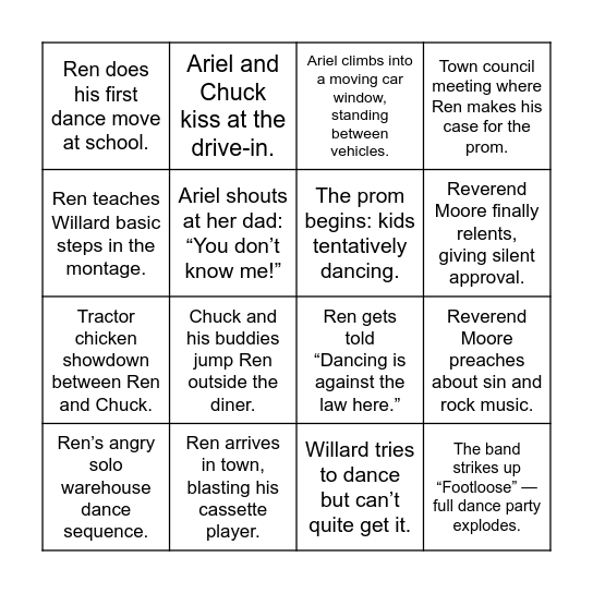 Footloose Movie Bingo Card