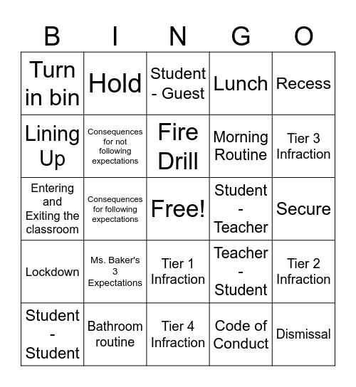 Procedures and Routine Review Bingo Card