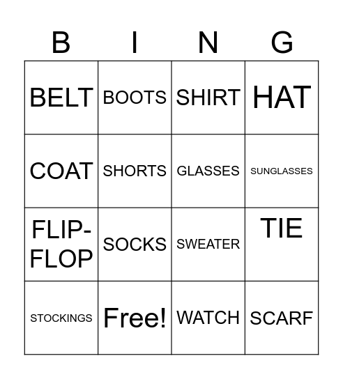 CLOTHES Bingo Card