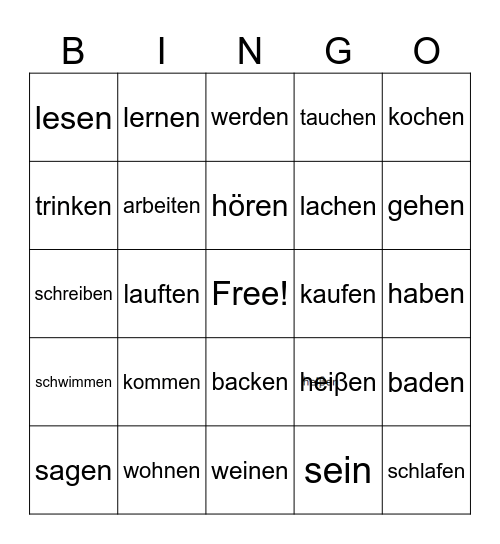 Verb Bingo Card