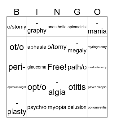 Medical Terminology Bingo Card