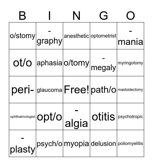 Medical Terminology Bingo Card