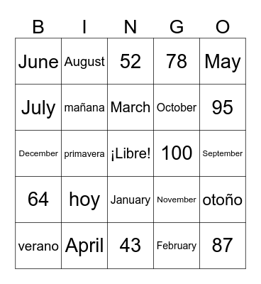 Spanish Calendar Vocab Bingo Card