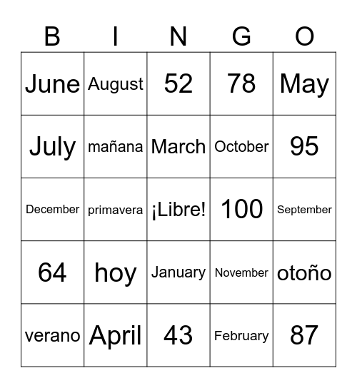Spanish Calendar Vocab Bingo Card