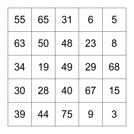 1-75 2025 Bingo Card