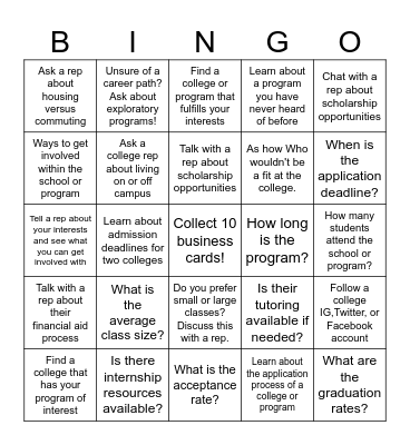 College & Career Fair Bingo! Bingo Card
