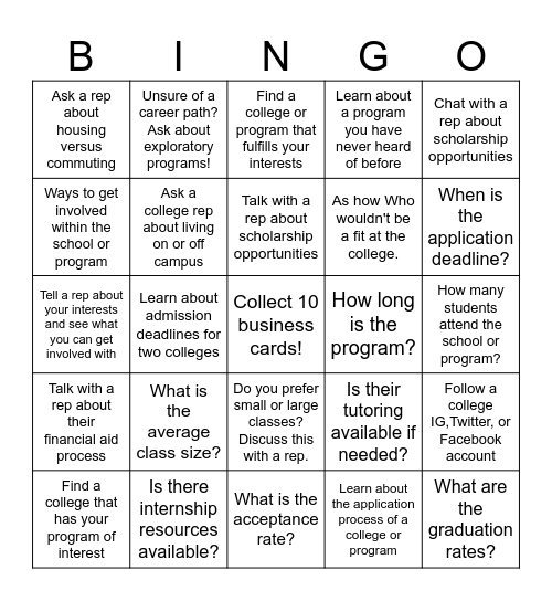College & Career Fair Bingo! Bingo Card