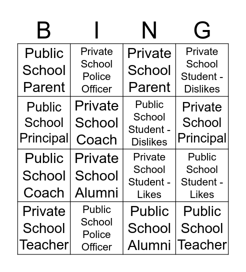Private vs. Public Schools Bingo Card
