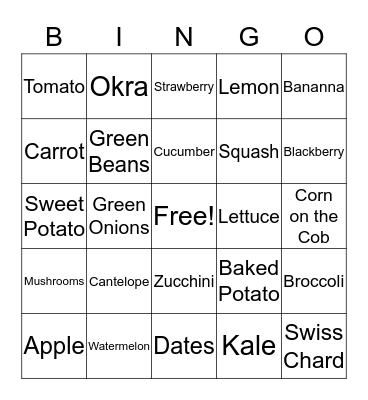 Food Bingo Card