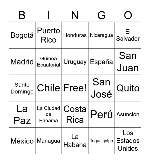 7th Grade Countries & Capitals Bingo Card