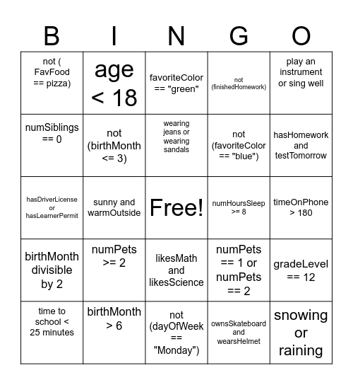 Boolean Bingo Card