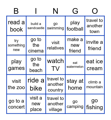 Summer Holidays Bingo Card
