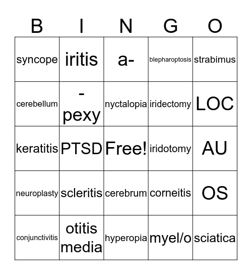 Mdical Terminology Bingo Card