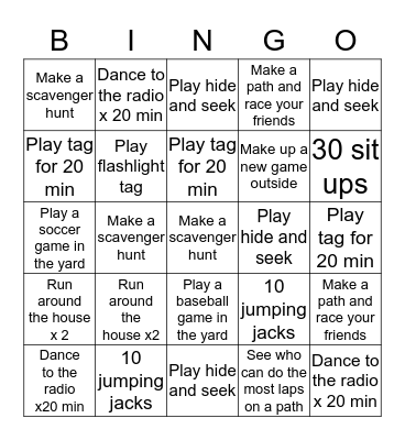 Exercise Bingo Card